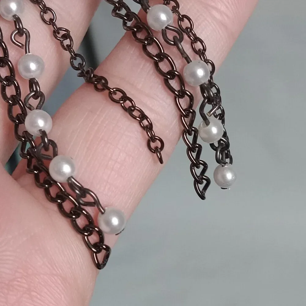 Impressions Gunmetal Gray and Silver Beaded Triple  Chain Dangle Drop Earrings
